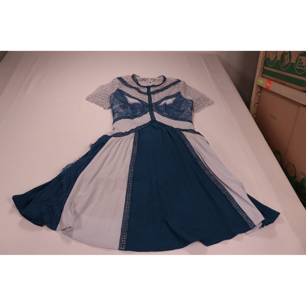 Self-Portrait‎ Lace Pleated Mini Dress Blue Grey Floral Cocktail Size US 2 UK 6